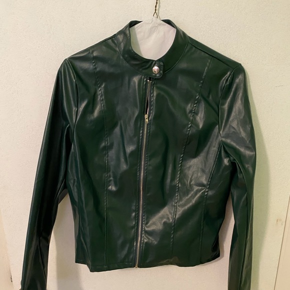 Dark green faux leather motorcycle jacket - Picture 1 of 3